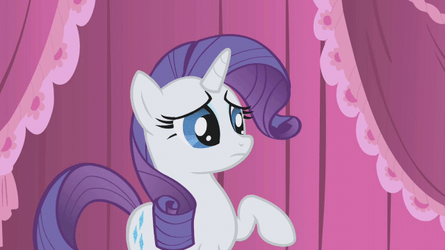 Size: 640x360 | Tagged: safe, screencap, character:rarity, species:pony, species:unicorn, episode:swarm of the century, g4, my little pony: friendship is magic, animated, carousel boutique, ducking, female, gif, mare, perfect loop, saddle, scrunchy face, solo