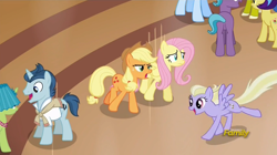 Size: 1920x1076 | Tagged: safe, screencap, character:applejack, character:fat stacks, character:fluttershy, character:polo play, character:rosy pearl, character:sweet buzz, species:earth pony, species:pegasus, species:pony, species:unicorn, episode:viva las pegasus, g4, my little pony: friendship is magic, background pony, clothing, female, hat, lampshade, lampshade hat, las pegasus resident, male, mare, stallion, unnamed pony
