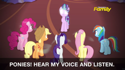 Size: 1280x720 | Tagged: safe, screencap, character:applejack, character:fluttershy, character:pinkie pie, character:rainbow dash, character:rarity, character:starlight glimmer, species:pony, episode:every little thing she does, g4, my little pony: friendship is magic, brainwashing, discovery family logo, female, fiducia compellia, glowing eyes, hypnosis, mare, plot, preview, subtitles