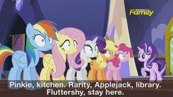 Size: 2547x1435 | Tagged: safe, screencap, character:applejack, character:fluttershy, character:pinkie pie, character:rainbow dash, character:rarity, character:starlight glimmer, species:pony, episode:every little thing she does, g4, my little pony: friendship is magic, brainwashed, discovery family logo, fiducia compellia, mind control, preview