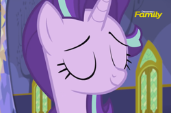 Size: 2185x1439 | Tagged: safe, screencap, character:starlight glimmer, species:pony, episode:every little thing she does, g4, my little pony: friendship is magic, discovery family logo, eyes closed, preview, smiling, solo