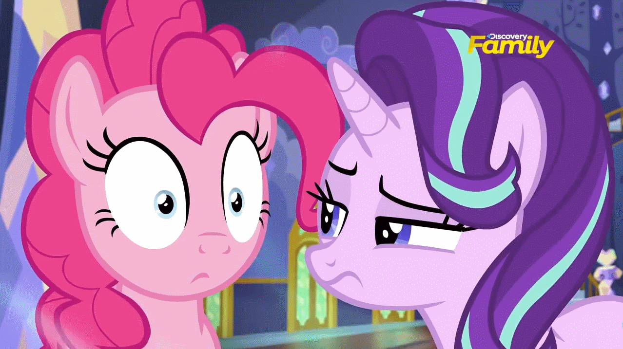 Size: 1278x717 | Tagged: safe, screencap, character:pinkie pie, character:starlight glimmer, species:pony, episode:every little thing she does, g4, my little pony: friendship is magic, animated, gif, hypnosis, hypnotized, subtitles