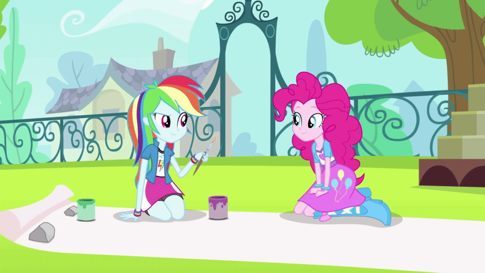 Size: 960x540 | Tagged: safe, screencap, character:pinkie pie, character:rainbow dash, episode:pinkie on the one, equestria girls:rainbow rocks, g4, my little pony:equestria girls, animated, balloon, banner, boots, bracelet, cute, diapinkes, gif, high heel boots, jewelry, paintbrush, rock, tree