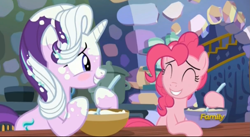 Size: 2435x1331 | Tagged: safe, screencap, character:pinkie pie, character:starlight glimmer, species:earth pony, species:pony, species:unicorn, episode:every little thing she does, g4, my little pony: friendship is magic, blushing, cute, diapinkes, eyes closed, female, flower, forgiveness, glimmerbetes, mare, raised hoof, smiling