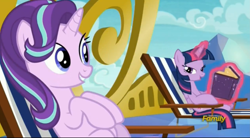 Size: 2535x1395 | Tagged: safe, screencap, character:starlight glimmer, character:twilight sparkle, character:twilight sparkle (alicorn), species:alicorn, species:pony, episode:every little thing she does, g4, my little pony: friendship is magic, deck chair, duo