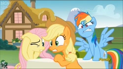 Size: 1366x768 | Tagged: safe, screencap, character:applejack, character:fluttershy, character:rainbow dash, species:pony, episode:every little thing she does, g4, my little pony: friendship is magic, angry, discovery family logo, expressions, hangover