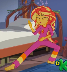 Size: 536x576 | Tagged: safe, screencap, character:sunset shimmer, equestria girls:legend of everfree, g4, my little pony:equestria girls, barefoot, cropped, discovery kids, drool, drool string, feet, kung fu shimmer, legend of everfeet, solo, tired