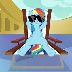 Size: 832x832 | Tagged: safe, screencap, character:rainbow dash, species:pony, episode:every little thing she does, g4, my little pony: friendship is magic, chillaxing, featureless crotch, reclining, solo, sunglasses