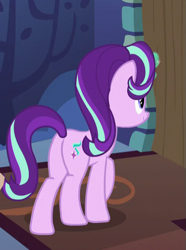 Size: 401x538 | Tagged: safe, screencap, character:starlight glimmer, species:pony, species:unicorn, episode:every little thing she does, g4, my little pony: friendship is magic, cropped, female, glowing horn, horn, mare, plot, smiling, solo