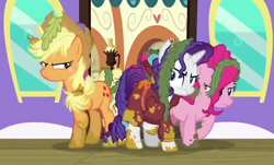 Size: 640x386 | Tagged: safe, screencap, character:applejack, character:pinkie pie, character:rarity, species:pony, episode:p.p.o.v. (pony point of view), g4, my little pony: friendship is magic, low quality, preview, seaweed