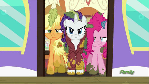 Size: 500x281 | Tagged: safe, screencap, character:applejack, character:pinkie pie, character:rarity, character:spike, character:twilight sparkle, character:twilight sparkle (alicorn), species:alicorn, species:pony, episode:p.p.o.v. (pony point of view), g4, my little pony: friendship is magic, angry, animated, discovery family logo, friendship express, gif, messy mane, pinkie being pinkie, seaweed, train