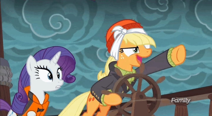 Size: 720x396 | Tagged: safe, screencap, character:applejack, character:rarity, species:pony, episode:p.p.o.v. (pony point of view), g4, my little pony: friendship is magic, animated, captain jackbeard, gif, helm, nose in the air, silly, silly pony, steering wheel, volumetric mouth, who's a silly pony