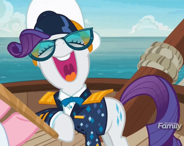 Size: 627x497 | Tagged: safe, screencap, character:rarity, species:pony, episode:p.p.o.v. (pony point of view), g4, my little pony: friendship is magic, animated, captain rarity, discovery family logo, gif, laughing, loop, nose in the air, wahaha