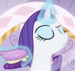 Size: 493x470 | Tagged: safe, screencap, character:rarity, species:pony, species:unicorn, episode:p.p.o.v. (pony point of view), g4, my little pony: friendship is magic, brushie, bust, comb, cropped, eyes closed, fabulous, female, magic, magic aura, mare, portrait, solo, telekinesis