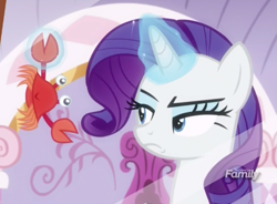 Size: 633x467 | Tagged: safe, screencap, character:rarity, species:crab, species:pony, episode:p.p.o.v. (pony point of view), g4, my little pony: friendship is magic, crab fighting a giant rarity, discovery family logo, mirror, rarity fighting a giant crab, role reversal, skuttles the crab, upset