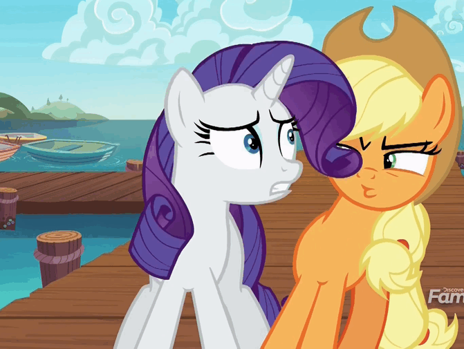 Size: 671x505 | Tagged: safe, screencap, character:applejack, character:rarity, species:pony, episode:p.p.o.v. (pony point of view), g4, my little pony: friendship is magic, animated, discovery family logo, gif, loop, seaward shoals