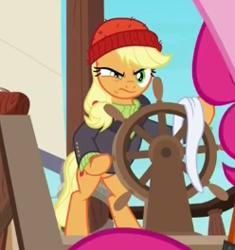 Size: 248x264 | Tagged: safe, screencap, character:applejack, character:pinkie pie, species:pony, episode:p.p.o.v. (pony point of view), g4, my little pony: friendship is magic, captain jackbeard, clothing, pirate, upset
