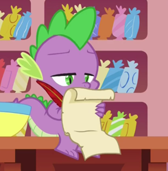 Size: 413x421 | Tagged: safe, screencap, character:spike, episode:p.p.o.v. (pony point of view), g4, my little pony: friendship is magic, quill, scroll, solo, sugarcube corner