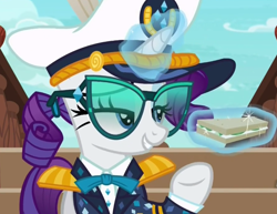 Size: 596x459 | Tagged: safe, screencap, character:rarity, species:pony, species:unicorn, episode:p.p.o.v. (pony point of view), g4, my little pony: friendship is magic, captain rarity, clothing, cropped, cucumber sandwiches, female, food, glasses, hat, lidded eyes, magic, magic aura, mare, sandwich, solo, sunglasses, telekinesis