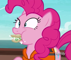 Size: 535x451 | Tagged: safe, screencap, character:pinkie pie, species:pony, episode:p.p.o.v. (pony point of view), g4, my little pony: friendship is magic, cucumber sandwiches, discovery family logo, solo