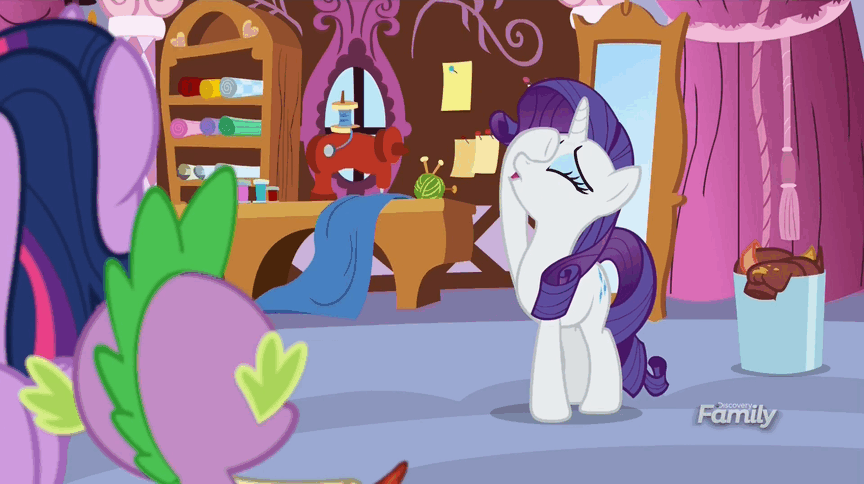 Size: 864x484 | Tagged: safe, screencap, character:rarity, character:spike, character:twilight sparkle, character:twilight sparkle (alicorn), species:alicorn, species:pony, episode:p.p.o.v. (pony point of view), g4, my little pony: friendship is magic, animated, fainting couch, gif, magic, marshmelodrama, telekinesis