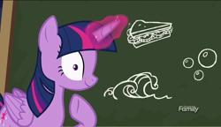 Size: 1280x738 | Tagged: safe, screencap, character:twilight sparkle, character:twilight sparkle (alicorn), species:alicorn, species:pony, episode:p.p.o.v. (pony point of view), g4, my little pony: friendship is magic, bubble, chalk, discovery family logo, food, sandwich, solo, wave