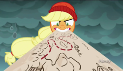 Size: 1280x738 | Tagged: safe, screencap, character:applejack, species:pony, episode:p.p.o.v. (pony point of view), g4, my little pony: friendship is magic, captain jackbeard, discovery family logo, map, mouth hold, perspective, solo, tri-horned bunyip