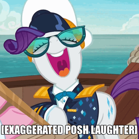 Size: 481x481 | Tagged: safe, screencap, character:pinkie pie, character:rarity, episode:p.p.o.v. (pony point of view), g4, my little pony: friendship is magic, animated, captain rarity, caption, descriptive noise, gif, laughing, meme, noblewoman's laugh, nose in the air, reaction image, text, wahaha