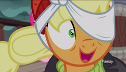 Size: 1280x738 | Tagged: safe, screencap, character:applejack, character:pinkie pie, species:earth pony, species:pony, episode:p.p.o.v. (pony point of view), g4, my little pony: friendship is magic, captain jackbeard, discovery family logo, female, mare, open mouth, silly, silly pony, smiling, solo focus, when she smiles, who's a silly pony