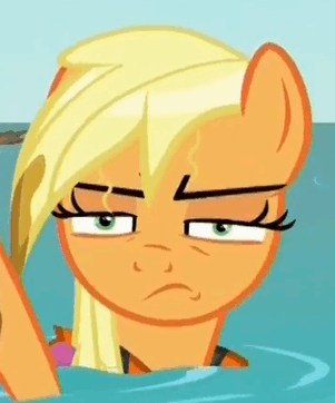 Size: 301x362 | Tagged: safe, screencap, character:applejack, species:pony, episode:p.p.o.v. (pony point of view), g4, my little pony: friendship is magic, applejack is not amused, reaction image, solo, unamused, wet mane