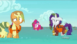 Size: 1280x738 | Tagged: safe, screencap, character:applejack, character:pinkie pie, character:rarity, species:pony, episode:p.p.o.v. (pony point of view), g4, my little pony: friendship is magic, discovery family logo, floppy ears, seaweed, spoiler, wet, wet mane