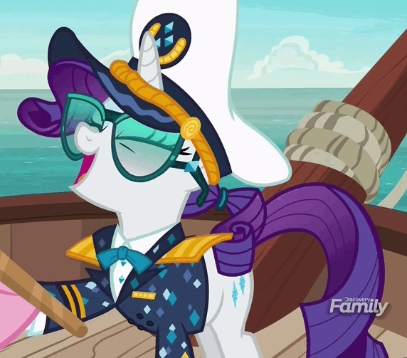 Size: 572x503 | Tagged: safe, screencap, character:rarity, species:pony, episode:p.p.o.v. (pony point of view), g4, my little pony: friendship is magic, animated, captain rarity, discovery family logo, gif, laughing, loop, wahaha