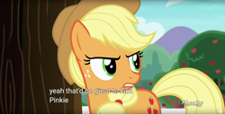 Size: 1920x975 | Tagged: safe, screencap, character:applejack, species:pony, episode:p.p.o.v. (pony point of view), g4, my little pony: friendship is magic, applejerk, implied pinkiebuse, meme, out of character, solo, youtube caption