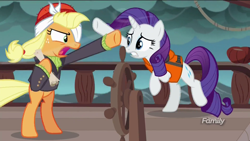 Size: 1920x1080 | Tagged: safe, screencap, character:applejack, character:rarity, species:pony, episode:p.p.o.v. (pony point of view), g4, my little pony: friendship is magic, boat, captain jackbeard, discovery family logo, hail hydra