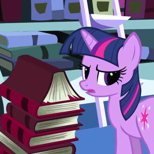 Size: 511x511 | Tagged: safe, screencap, character:twilight sparkle, character:twilight sparkle (unicorn), species:pony, species:unicorn, episode:friendship is magic, g4, my little pony: friendship is magic, angry, animated, book, female, gif, library, mare, plot, solo, talking