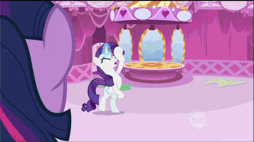 Size: 500x281 | Tagged: safe, screencap, character:rarity, character:twilight sparkle, episode:lesson zero, g4, my little pony: friendship is magic, animated, bipedal, couch, duo, fainting couch, hub logo, marshmelodrama