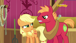 Size: 1280x720 | Tagged: safe, screencap, character:applejack, character:big mcintosh, species:earth pony, species:pony, episode:where the apple lies, g4, my little pony: friendship is magic, cute, discovery family logo, jackabetes, male, stallion, teenage applejack, teenage big macintosh, younger