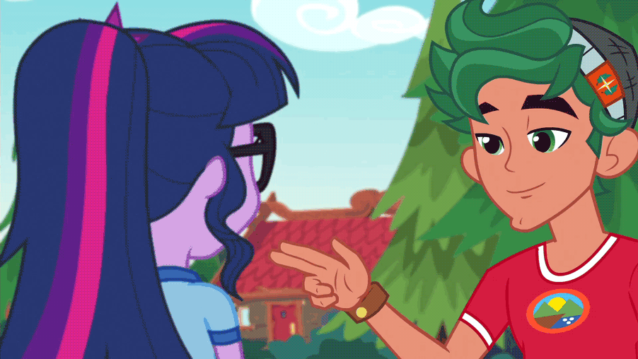 Size: 902x508 | Tagged: safe, screencap, character:timber spruce, character:twilight sparkle, character:twilight sparkle (scitwi), species:eqg human, ship:timbertwi, equestria girls:legend of everfree, g4, my little pony:equestria girls, animated, bedroom eyes, camp everfree logo, camp everfree outfits, eye contact, female, gif, grin, looking at each other, male, shipping, shipping fuel, smiling
