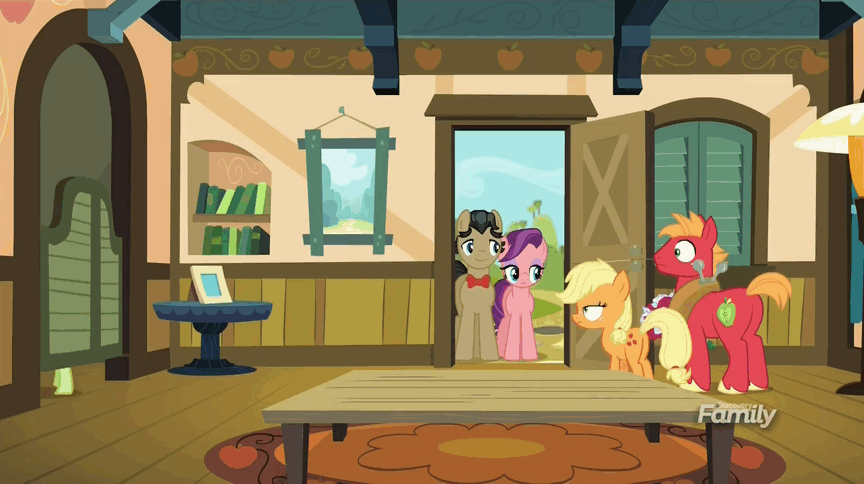 Size: 864x484 | Tagged: safe, screencap, character:applejack, character:big mcintosh, character:filthy rich, character:granny smith, character:spoiled rich, species:earth pony, species:pony, ship:spoilthy, episode:where the apple lies, g4, my little pony: friendship is magic, animated, bouquet, gif, male, spoiled milk, stallion, tackle, teenage applejack, teenage big macintosh