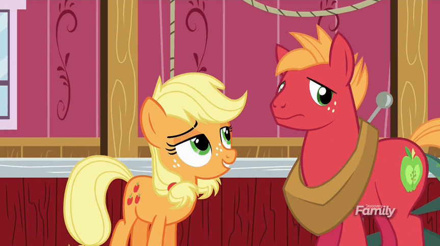 Size: 864x484 | Tagged: safe, screencap, character:applejack, character:big mcintosh, species:earth pony, species:pony, episode:where the apple lies, g4, my little pony: friendship is magic, animated, apple, discovery family logo, feederjack, food, force feeding, gif, hoof in mouth, hoofjack, male, shut up, stallion, teenage applejack, teenage big macintosh