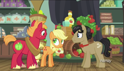 Size: 1280x738 | Tagged: safe, screencap, character:applejack, character:big mcintosh, character:filthy rich, species:earth pony, species:pony, episode:where the apple lies, g4, my little pony: friendship is magic, bow tie, discovery family logo, liar face, liarjack, male, scrunchy face, stallion, teenage applejack, teenage big macintosh