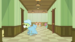 Size: 1280x720 | Tagged: safe, screencap, character:applejack, character:granny smith, species:pony, episode:where the apple lies, g4, my little pony: friendship is magic, breaking the fourth wall, clothing, creepy, dress, fridge horror, gown, hospital, looking at you, sisters, stanley kubrick, stephen king, the grady girls, the shining