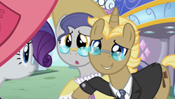 Size: 1280x720 | Tagged: safe, screencap, character:golden gavel, character:rarity, character:silver frames, species:earth pony, species:pony, species:unicorn, episode:sweet and elite, g4, my little pony: friendship is magic, female, male, mare, stallion