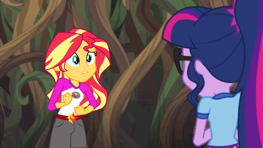 Size: 853x480 | Tagged: safe, screencap, character:sunset shimmer, character:twilight sparkle, character:twilight sparkle (scitwi), species:eqg human, equestria girls:legend of everfree, g4, my little pony:equestria girls, animated, gif