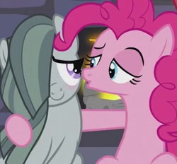 Size: 345x320 | Tagged: safe, screencap, character:marble pie, character:pinkie pie, species:pony, episode:hearthbreakers, g4, my little pony: friendship is magic, blushing, hug, lidded eyes, out of context, sisters