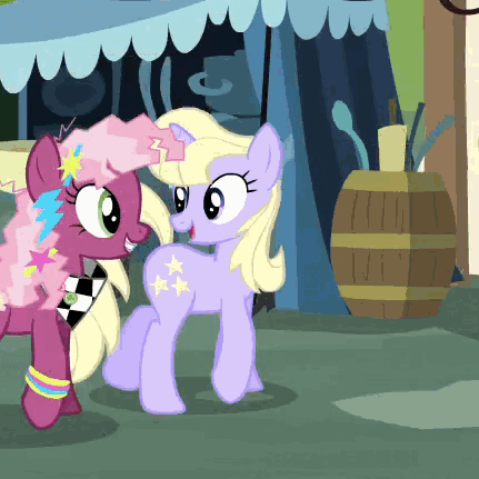 Size: 431x431 | Tagged: safe, screencap, character:cheerilee, character:stella nova, character:sunshower raindrops, species:pony, episode:where the apple lies, g4, my little pony: friendship is magic, 80s, 80s cheerilee, animated, background pony, clothing, gif, walking