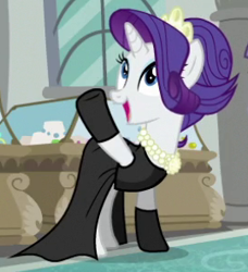 Size: 270x296 | Tagged: safe, screencap, character:rarity, species:pony, species:unicorn, episode:the gift of the maud pie, g4, my little pony: friendship is magic, audrey hepburn, breakfast at tiffany's, clothing, cute, dress, female, gloves, holly golightly, mare, open mouth, outfit catalog, raised hoof, raribetes, smiling, socks, solo