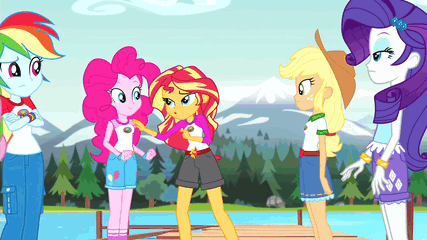 Size: 427x240 | Tagged: safe, screencap, character:applejack, character:fluttershy, character:pinkie pie, character:rainbow dash, character:rarity, character:sunset shimmer, equestria girls:legend of everfree, g4, my little pony:equestria girls, animated, camp everfree outfits, clothing, embrace the magic, gif, mountain, mountain range, pier, scenery