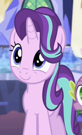 Size: 284x467 | Tagged: safe, screencap, character:spike, character:starlight glimmer, species:dragon, species:pony, species:unicorn, episode:top bolt, g4, my little pony: friendship is magic, animated, cute, female, gif, glimmerbetes, male, mare, offscreen character, solo focus