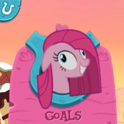 Size: 647x646 | Tagged: safe, screencap, character:pinkamena diane pie, character:pinkie pie, species:pony, contemplating insanity, derp, grin, pinkie derp, puzzle party, smiling, solo